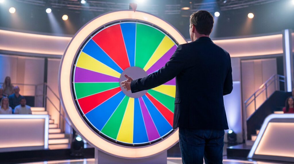 Rear view of a person reaching to spin a large, vibrant, segmented game show wheel in a dramatically lit television studio.