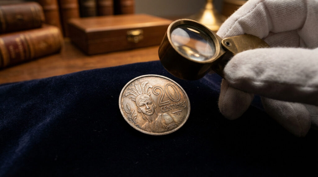 Gloved hand uses a loupe to examine a detailed 20-centime coin on dark velvet. Joséphine Baker-inspired design, blurred antique background.