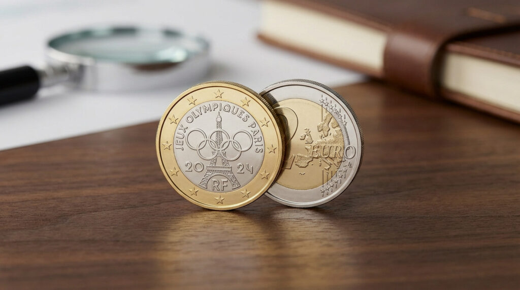 Close-up of a 2024 Paris Olympic Games commemorative 2 Euro coin on dark wood, with a blurred magnifying glass and book in background.
