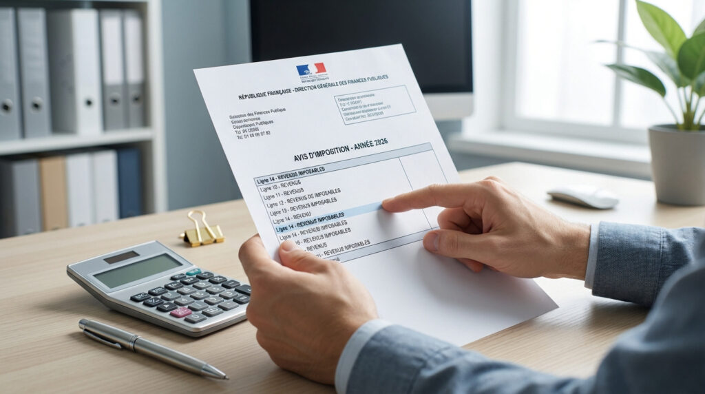 Mains tenant un avis d'imposition français 2026, pointant la ligne 14 (Revenus imposables). Calculatrice sur bureau.