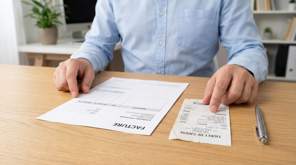 Homme en chemise bleue comparant une facture et un ticket de caisse sur un bureau. Concerne les justificatifs de charges.