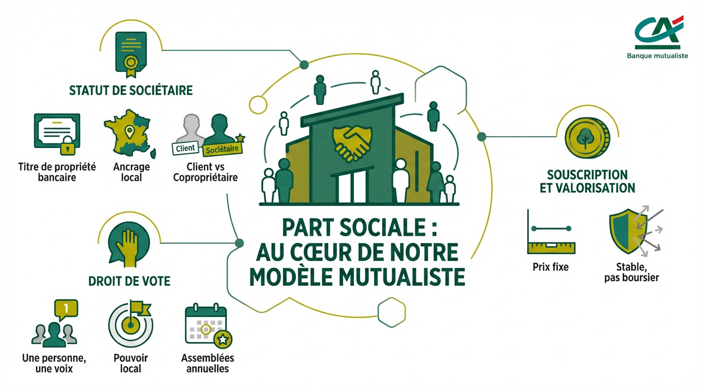 Infographie expliquant le modèle mutualiste et le rôle des sociétaires au Crédit Agricole