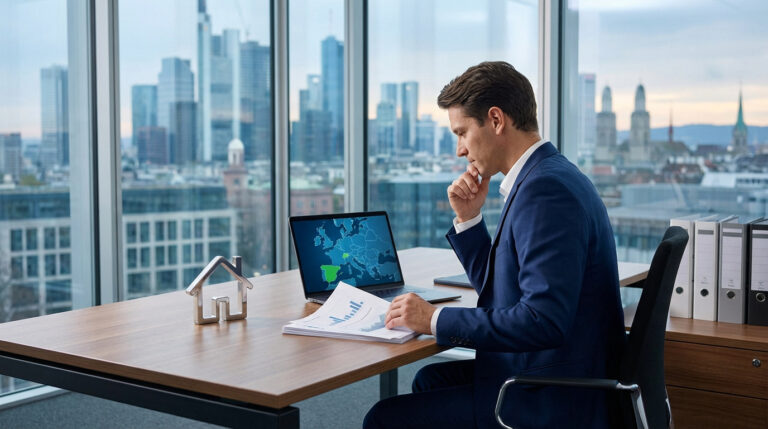 Homme en costume analysant des prêts immobiliers internationaux sur un laptop avec carte d'Europe, documents financiers et maquette de maison, vue sur ville.