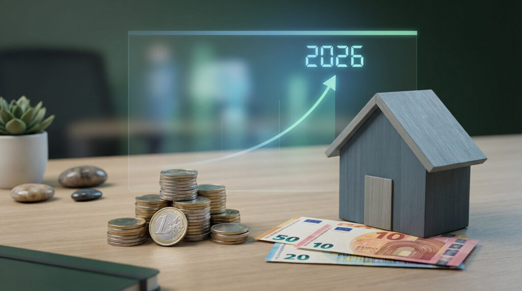 Pièces d'euros, billets et maisonnette avec affichage 2026 et flèche ascendante, illustrant l'épargne logement et ses perspectives.