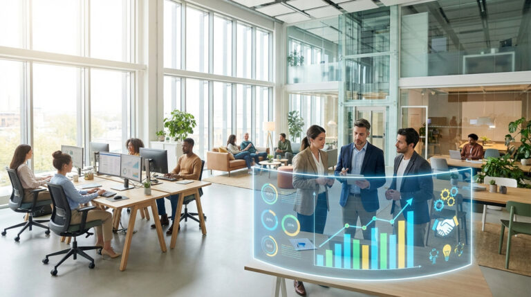 Bureau moderne et lumineux avec employés divers travaillant et collaborant. Un affichage holographique montre des données d'affaires.