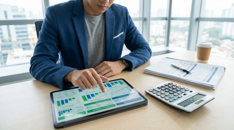 Un homme d'affaires examine des graphiques sur une tablette, avec une calculatrice et des documents sur un bureau clair et moderne.