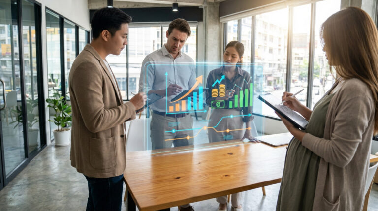 Quatre personnes autour d'une table, analysant des graphiques financiers holographiques. Une femme prend des notes sur tablette.
