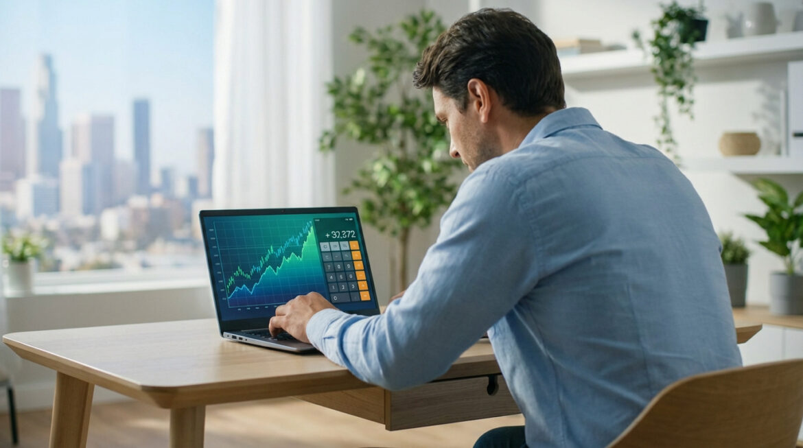 Homme analysant des SCPI sur son laptop, écran montrant des graphiques financiers et une calculatrice, vue ville.