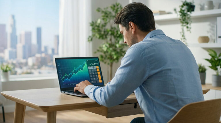 Homme analysant des SCPI sur son laptop, écran montrant des graphiques financiers et une calculatrice, vue ville.
