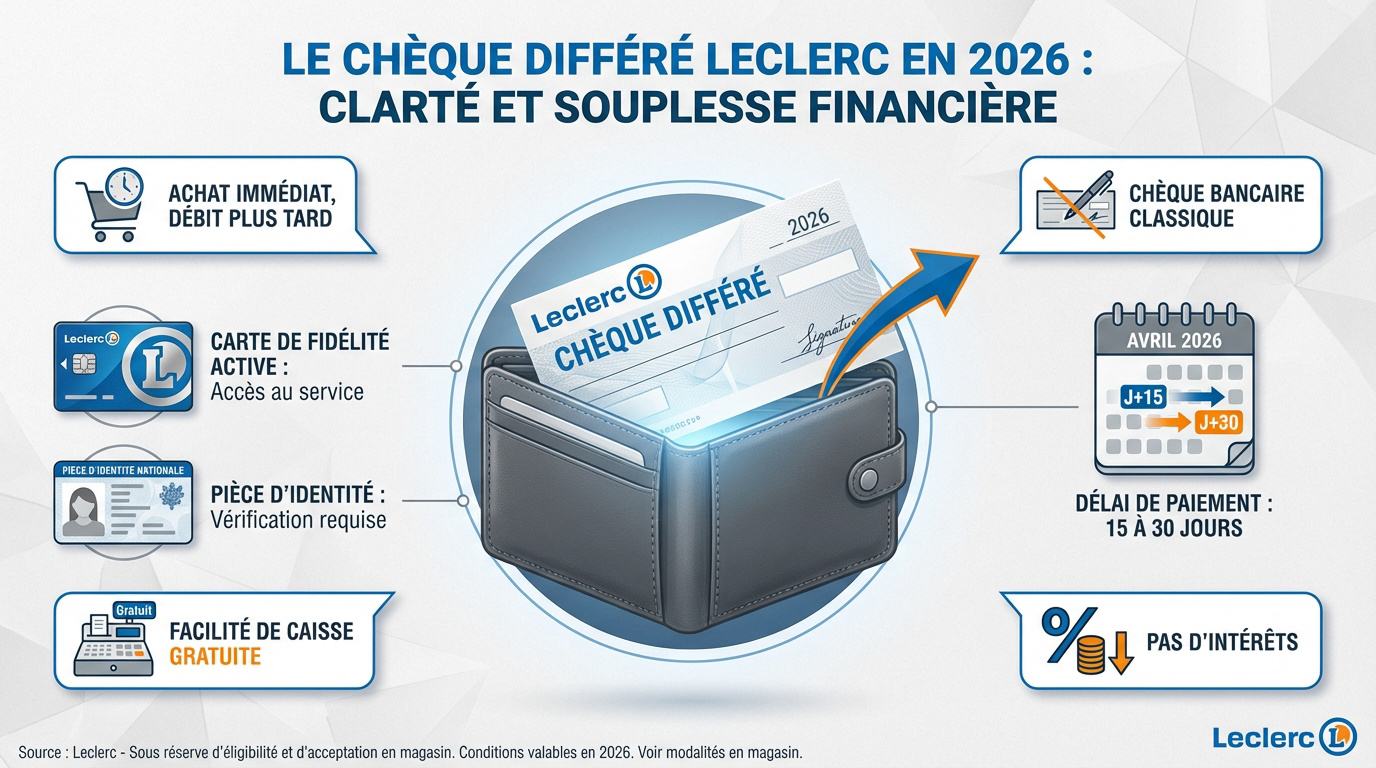 Illustration du service de chèque différé dans un magasin Leclerc en 2026
