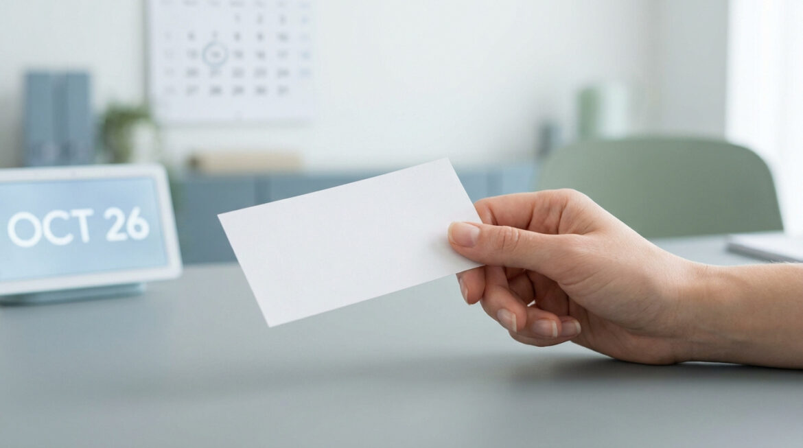 Main tenant une carte blanche vierge sur un bureau, avec un écran numérique affichant "OCT 26" et un calendrier en arrière-plan.
