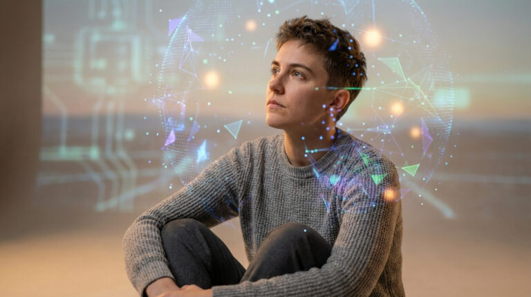 Une personne assise, regardant vers le haut, entourée d'une projection holographique de données et de circuits.