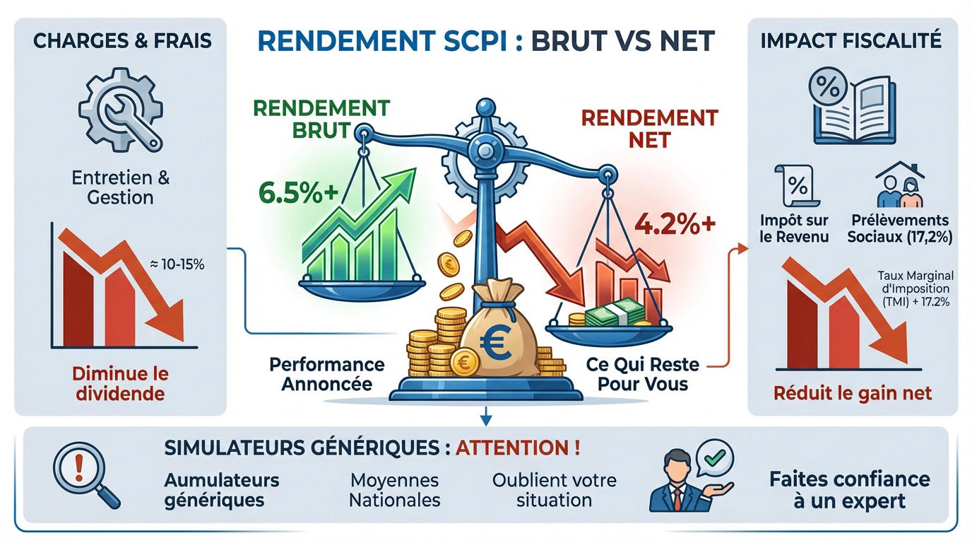 Graphique comparatif entre le rendement brut d'une SCPI et le rendement net après fiscalité