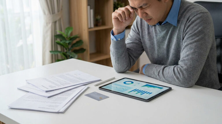 Un homme stressé regarde des graphiques financiers sur une tablette et une carte bancaire posée sur son bureau.