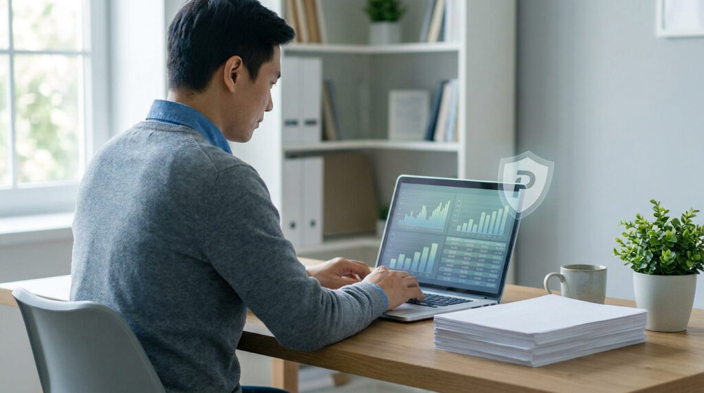 Un homme travaille sur un ordinateur portable affichant des graphiques financiers dans un bureau calme.