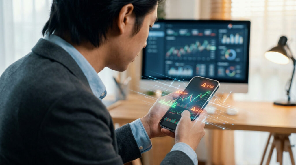Un homme en costume utilisant un smartphone avec des graphiques boursiers en réalité augmentée et des alertes de trading.