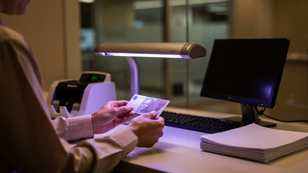 Employé de banque examinant un billet sous lampe UV