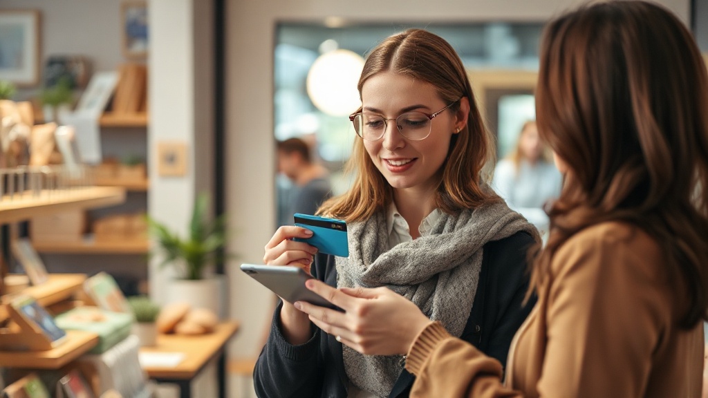 Femme vérifiant sa carte bancaire avant un achat en ligne