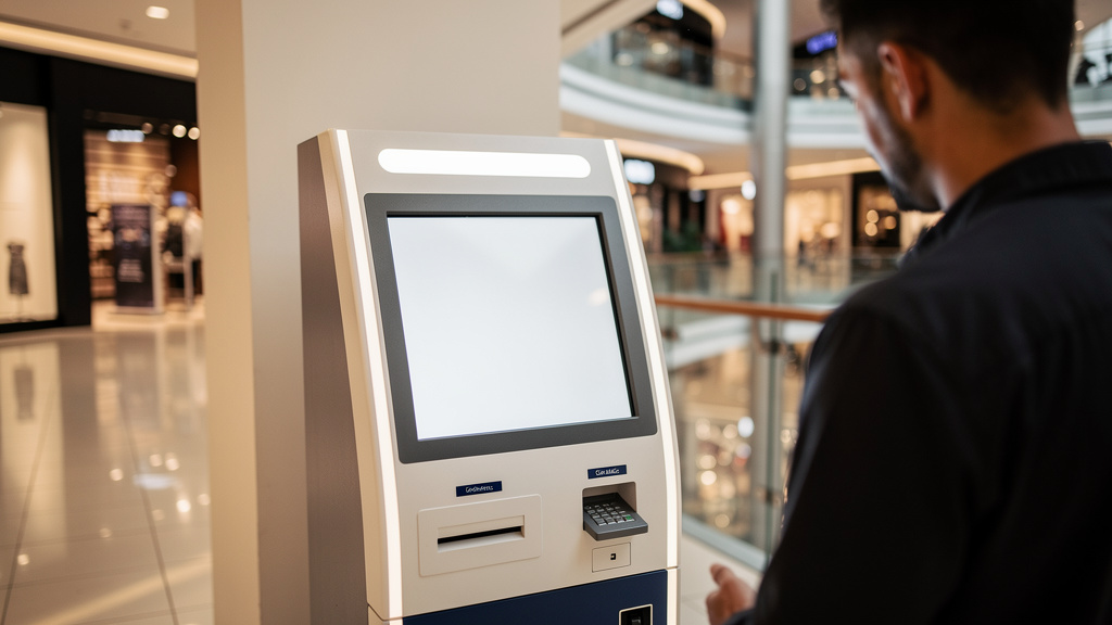 Homme utilisant un automate de change dans un centre commercial