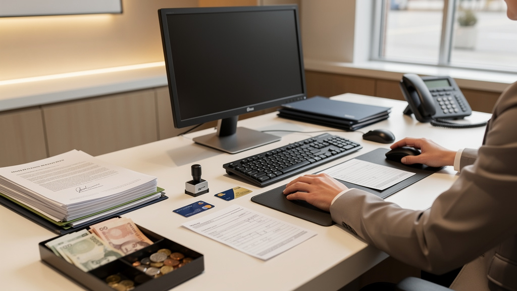 Un employé de banque traitant des virements au guichet