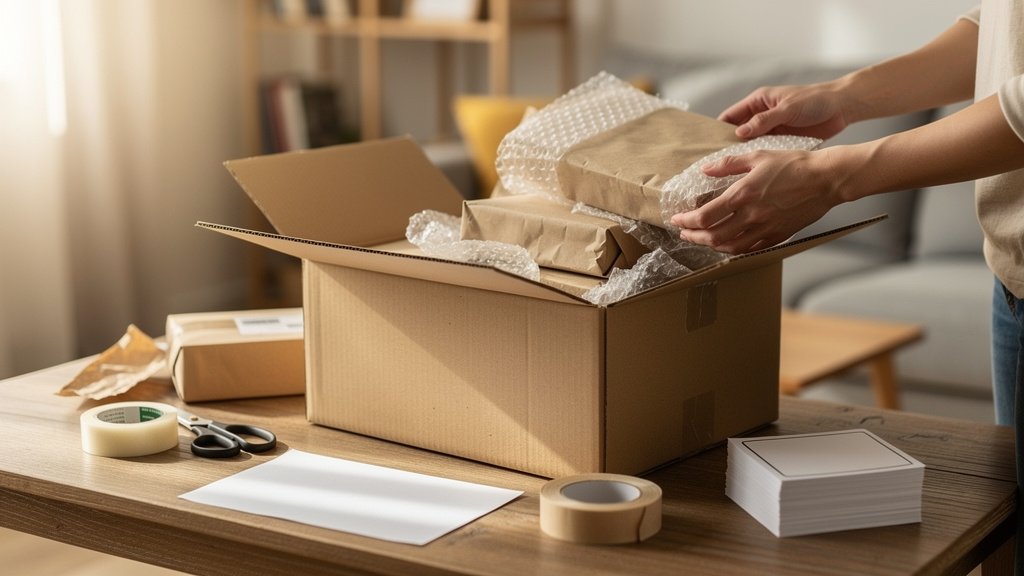 Vendeur emballant un colis après une vente entre particuliers