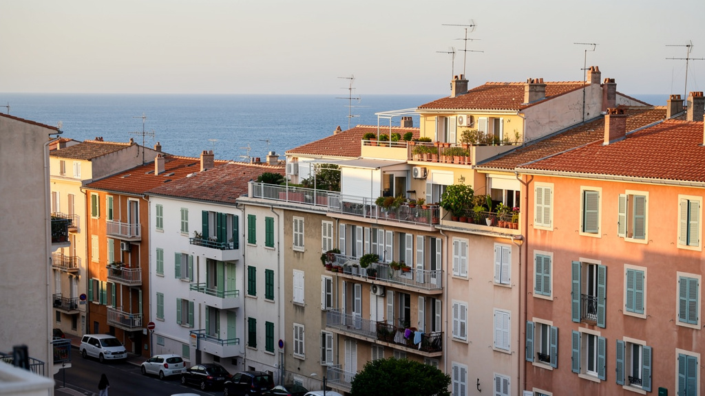 Vue sur des immeubles résidentiels d'un quartier de Marseille avec la mer en arrière-plan