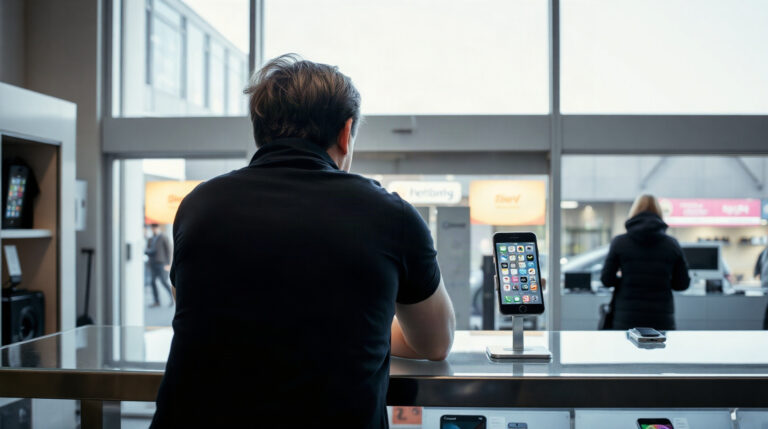 Client en magasin d'électronique consultant son contrat d'assurance mobile