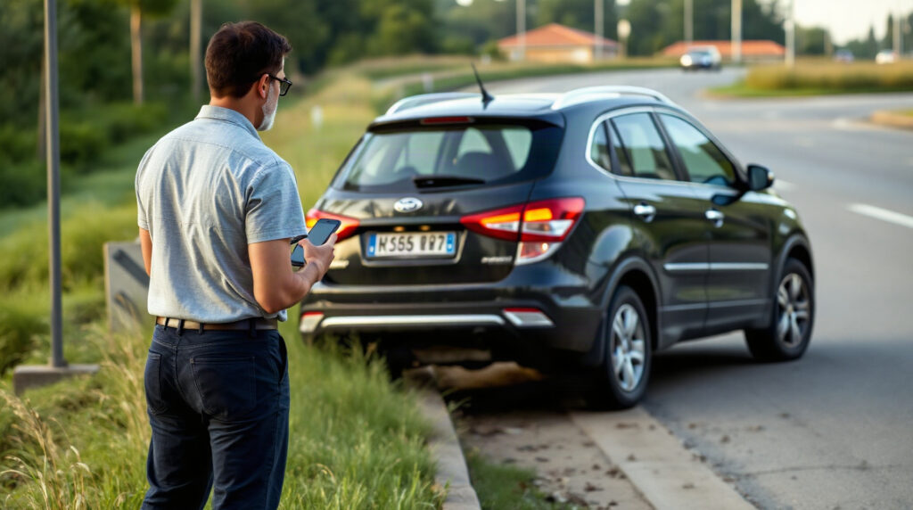 Conducteur téléphonant depuis le bord de la route après un accident