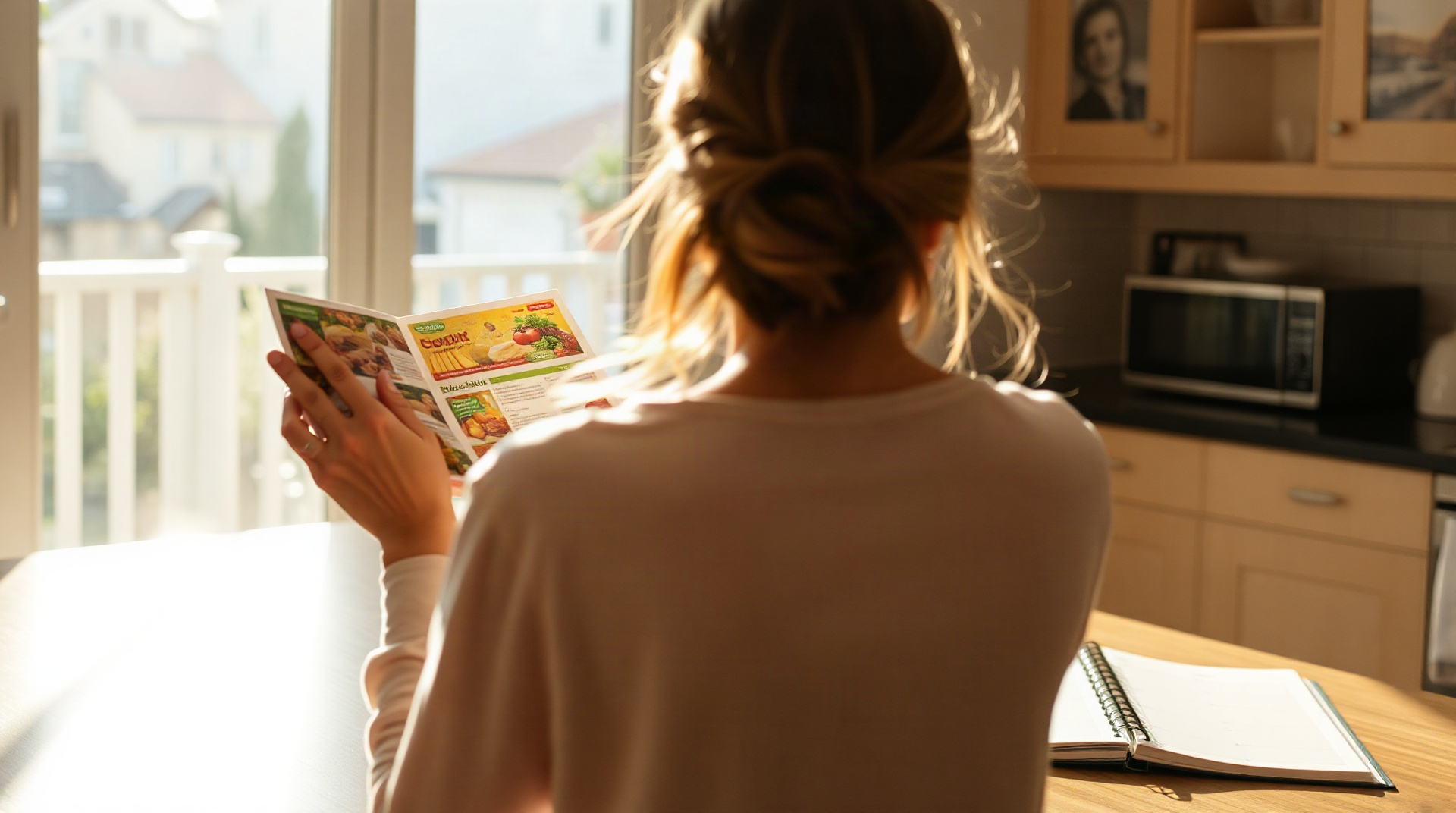 Femme consultant un prospectus de supermarché à une table de cuisine