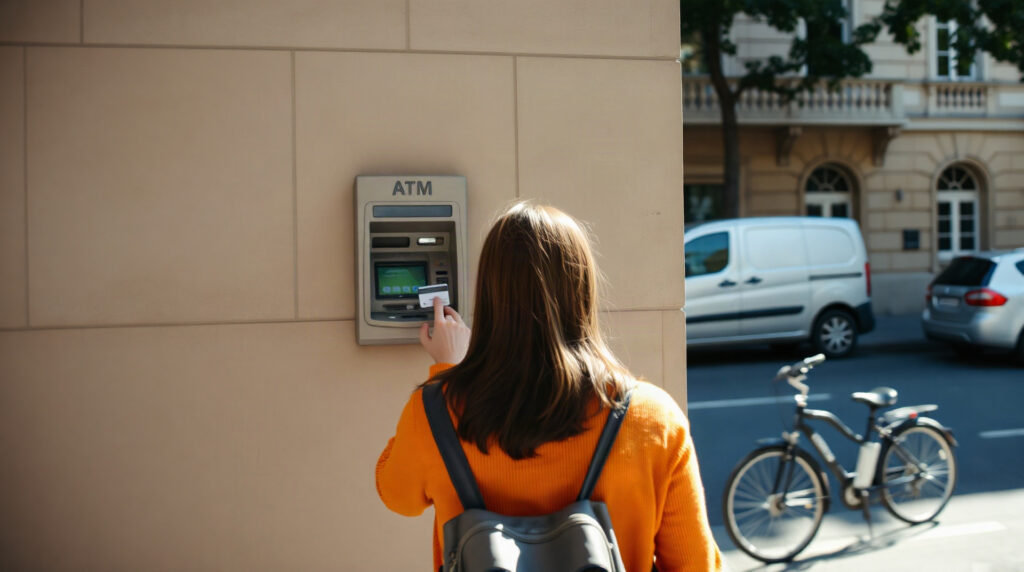 Main tenant une carte bancaire devant un distributeur automatique