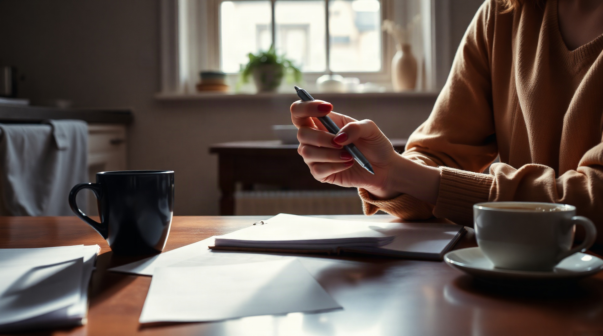Personne notant une date dans un agenda papier avec des relevés bancaires posés sur une ta