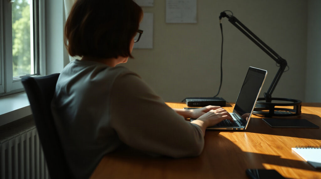 Personne rédigeant un email sur un ordinateur portable au bureau