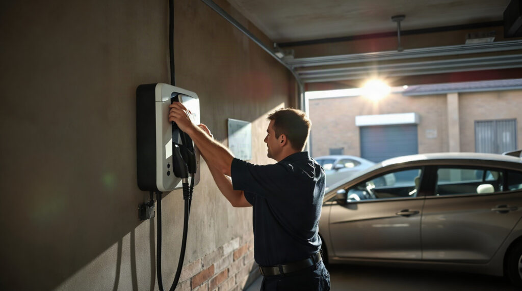 Technicien installant une borne de recharge dans un garage individuel