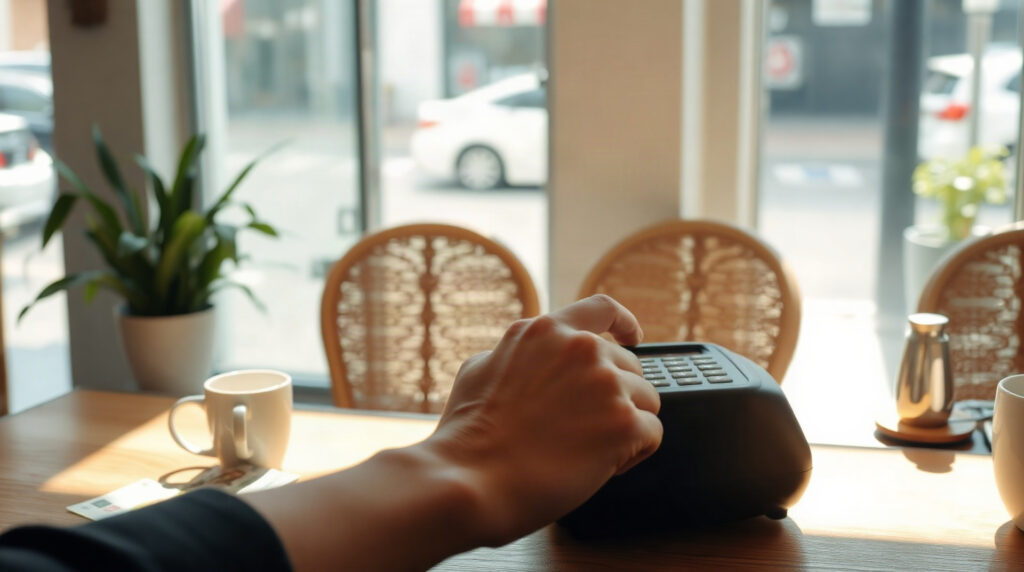 Voyageur payant par carte bancaire sans contact sur un terminal dans un café à l’étranger, billets en devises étrangères sur le comptoir