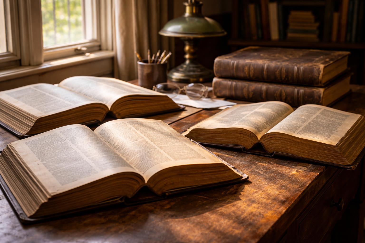 Dictionnaires étymologiques anciens ouverts sur une table en bois