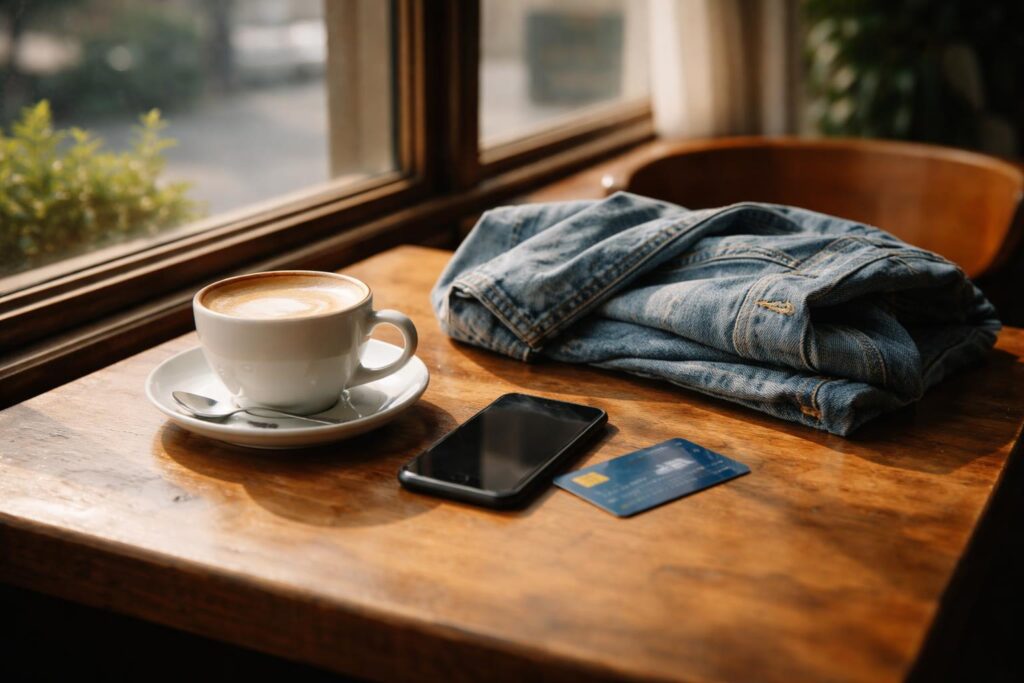 Femme consultant une appli de shopping sur smartphone dans un café