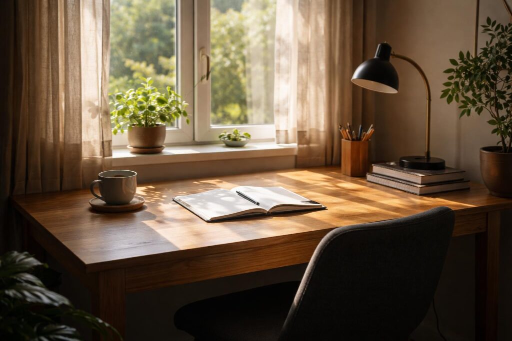 Femme lisant un document administratif à son bureau
