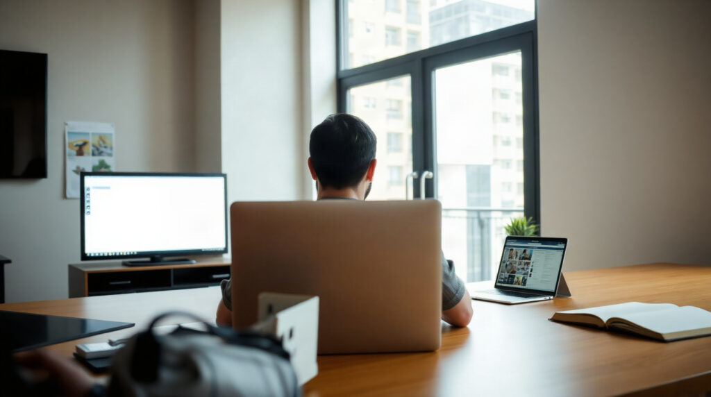 Personne rédigeant un email professionnel sur un ordinateur portable dans un bureau
