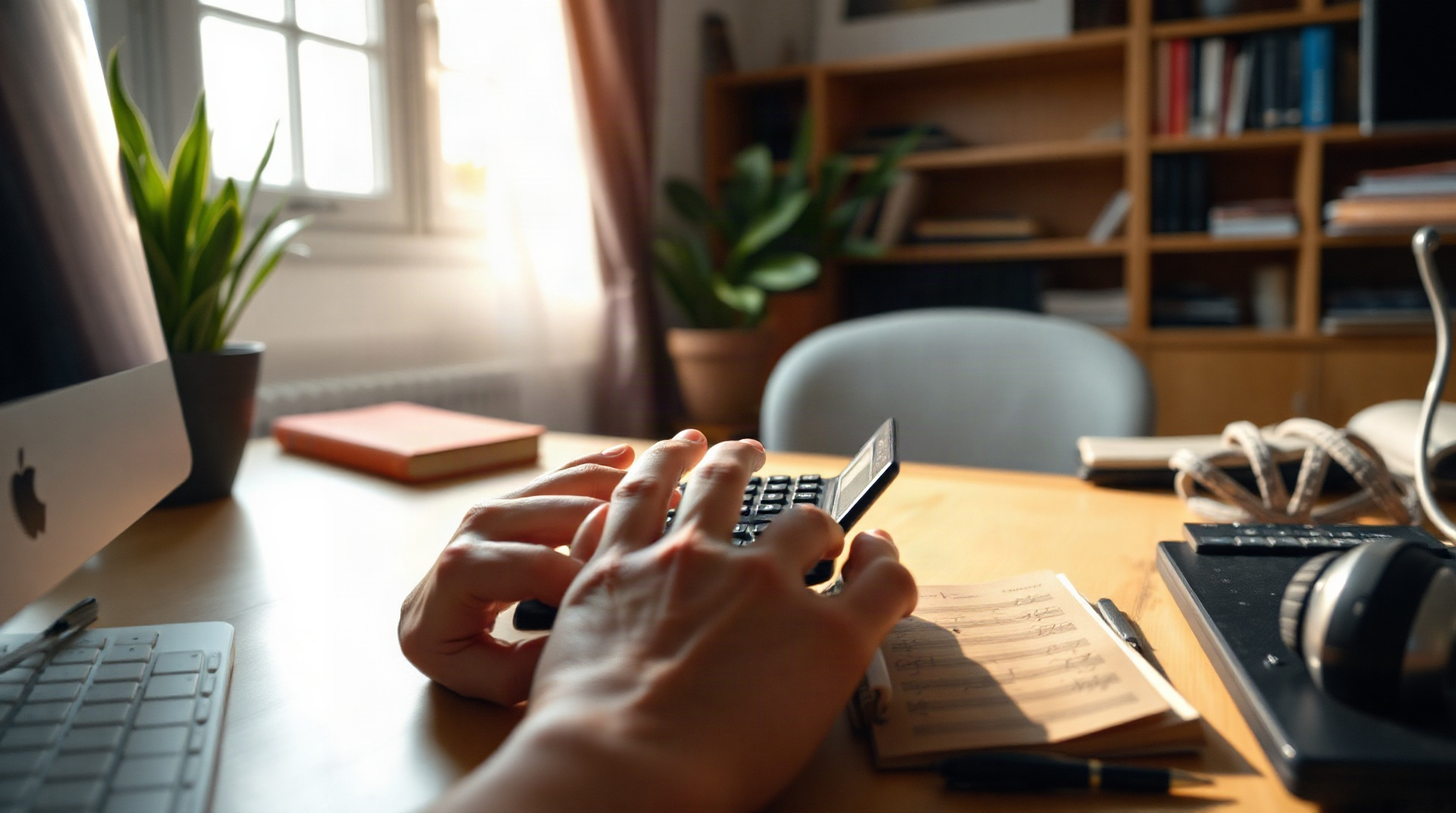 Simulation financière sur une calculatrice posée sur des bulletins de salaire