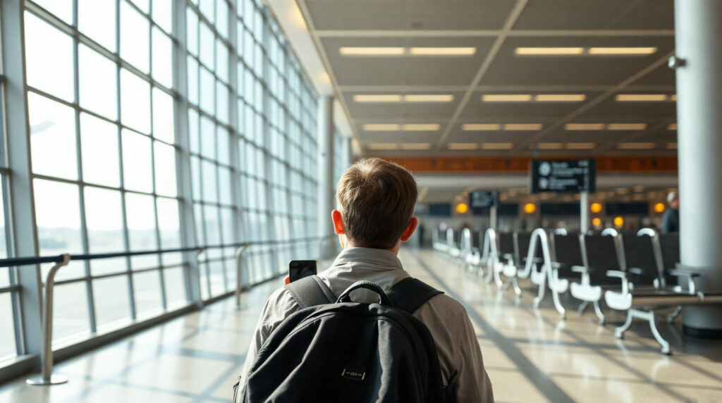 Voyageur consultant son smartphone dans un aéroport